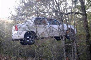 В Крыму автомобиль упал в пропасть и повис на дереве